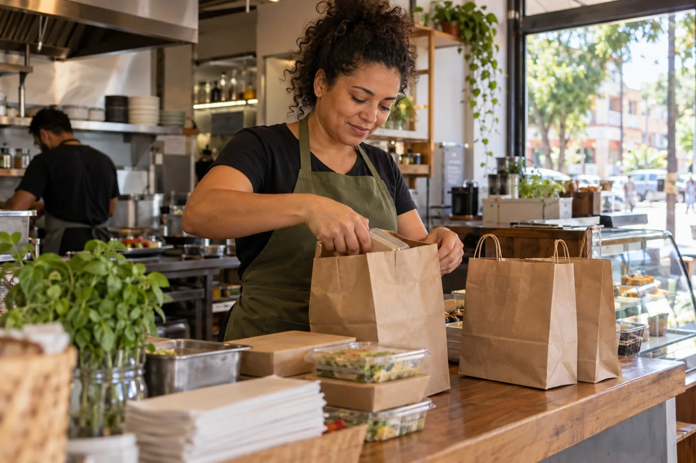 Comerciante brasileira preparando pedidos no balcão de um restaurante