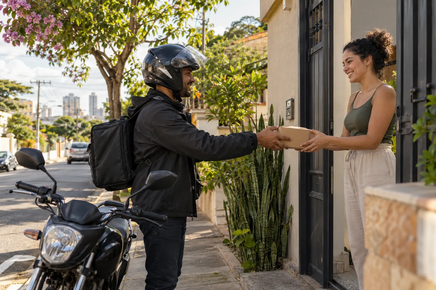 Motoboy brasileiro entregando uma encomenda a uma mulher na porta de casa