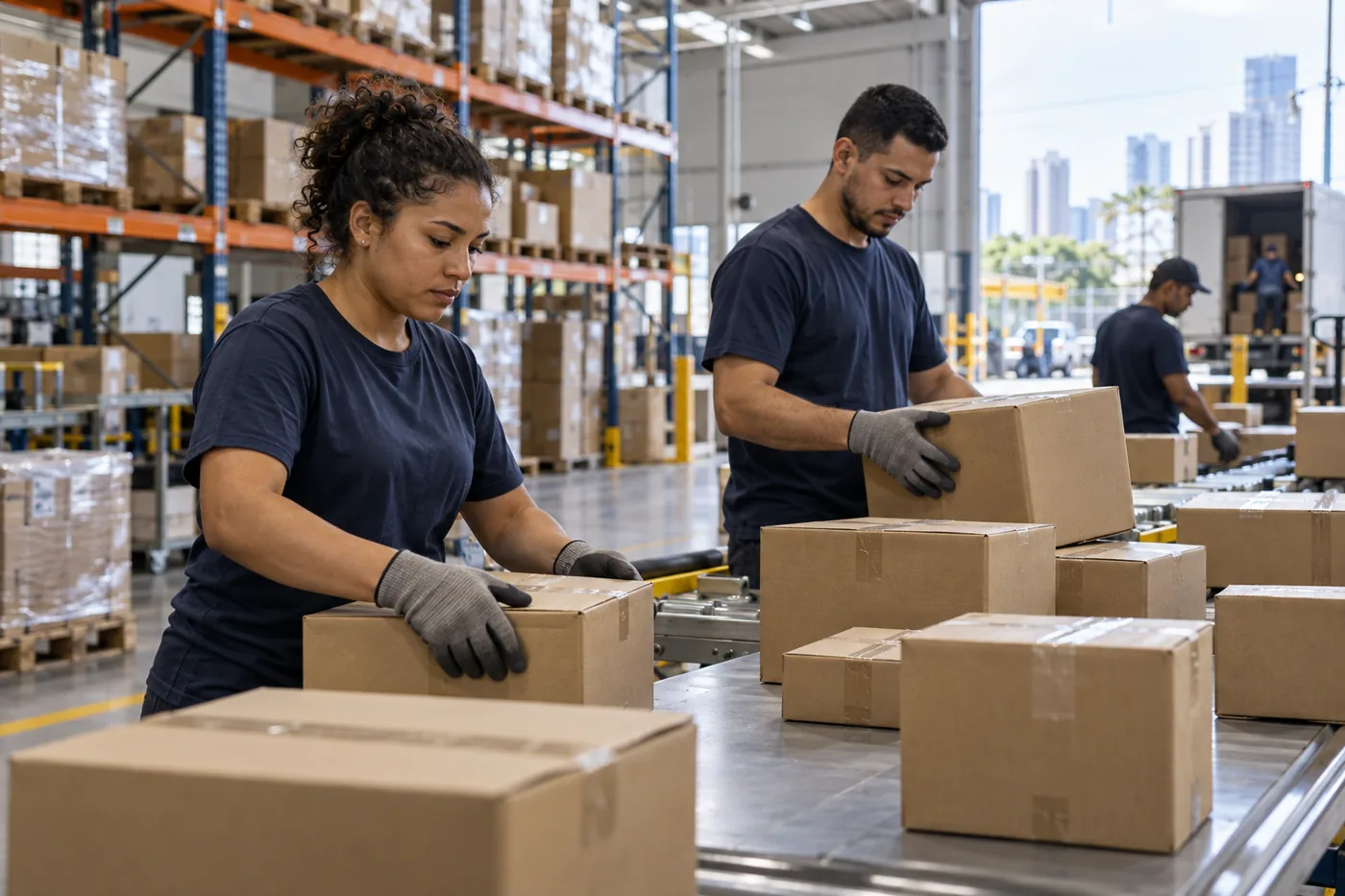 Equipe brasileira separando encomendas em um galpão de distribuição