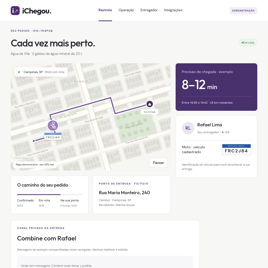 Captura real da tela de rastreio iChegou com mapa, placa do veículo e previsão de chegada