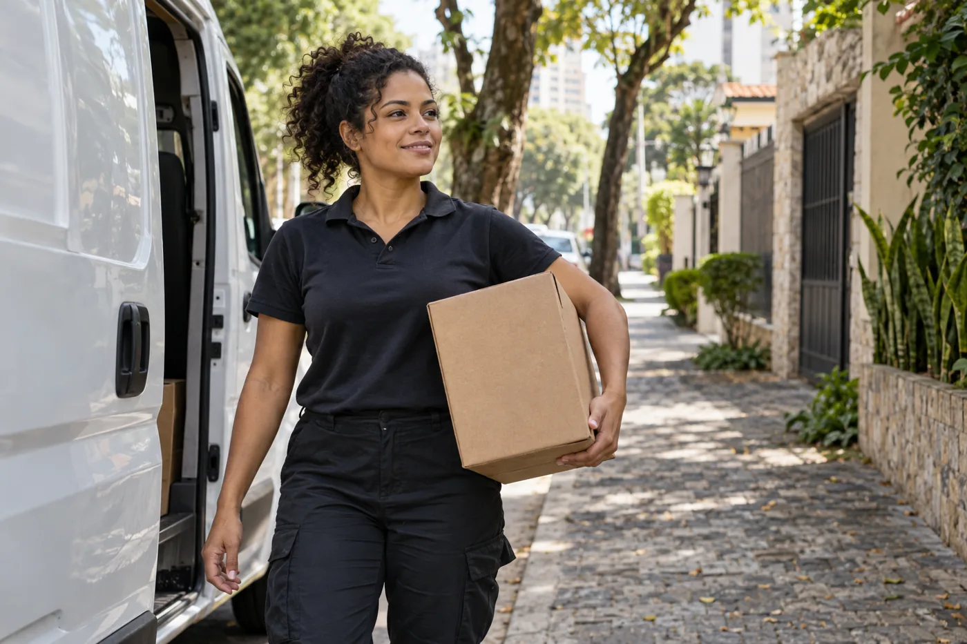 Entregadora brasileira com uma encomenda ao lado de uma van